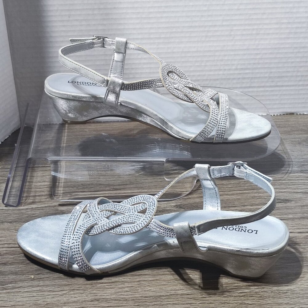 LONDON FOG Macey Demi-Wedge Dress Sandals size 8.5 silver with rhinestones